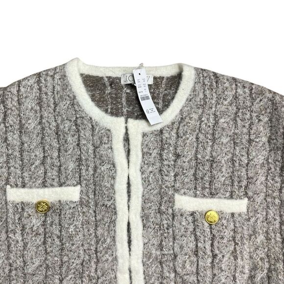 J Crew‎ Cardigan L Grey Cable-knit Sweater Lady Jacket BV344 Gold Buttons Preppy - Picture 2 of 15